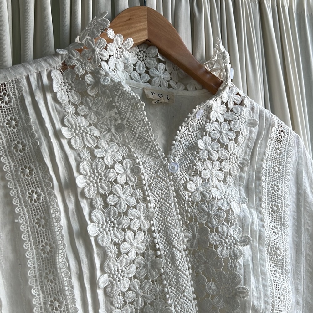 POL - size small - white blouse with intricate details around collar & sleeves